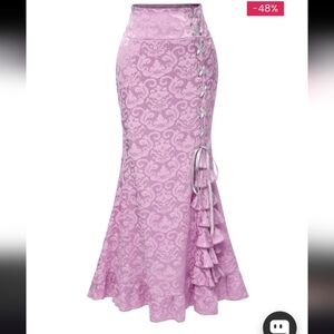 Pink Lace-Up Ruffle Mermaid Fit Flare Maxi Skirt M Floral Damask Jacquard